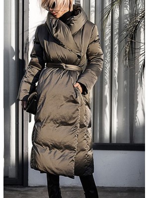 Casual Green Loose Thick tie waist Winter Duck Down down coat