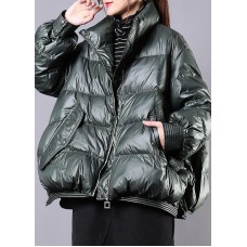 Elegant blackish green warm winter coat trendy plus size stand collar zippered Casual Jackets