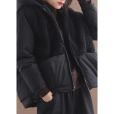 Fashion Black hooded Patchwork Zippered Long Sleeve Winter Coat